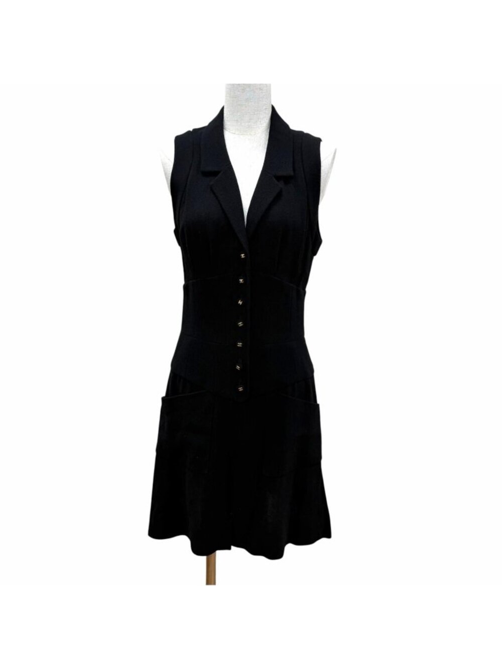 Chanel Vintage 95P Wool Coco Buttons Sleeveless Dress Black 40